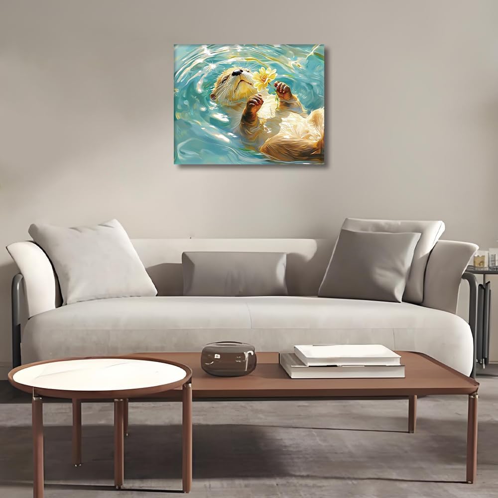 HULDFRDA Paint by Numbers Cute Sea Otter with Flower Adult Paint by Number Kits DIY Adults' Paint-by-Number Kits Color by Numbers Adult Paint by Numbers Painting Kits Without Frame. 16 x20 Inch