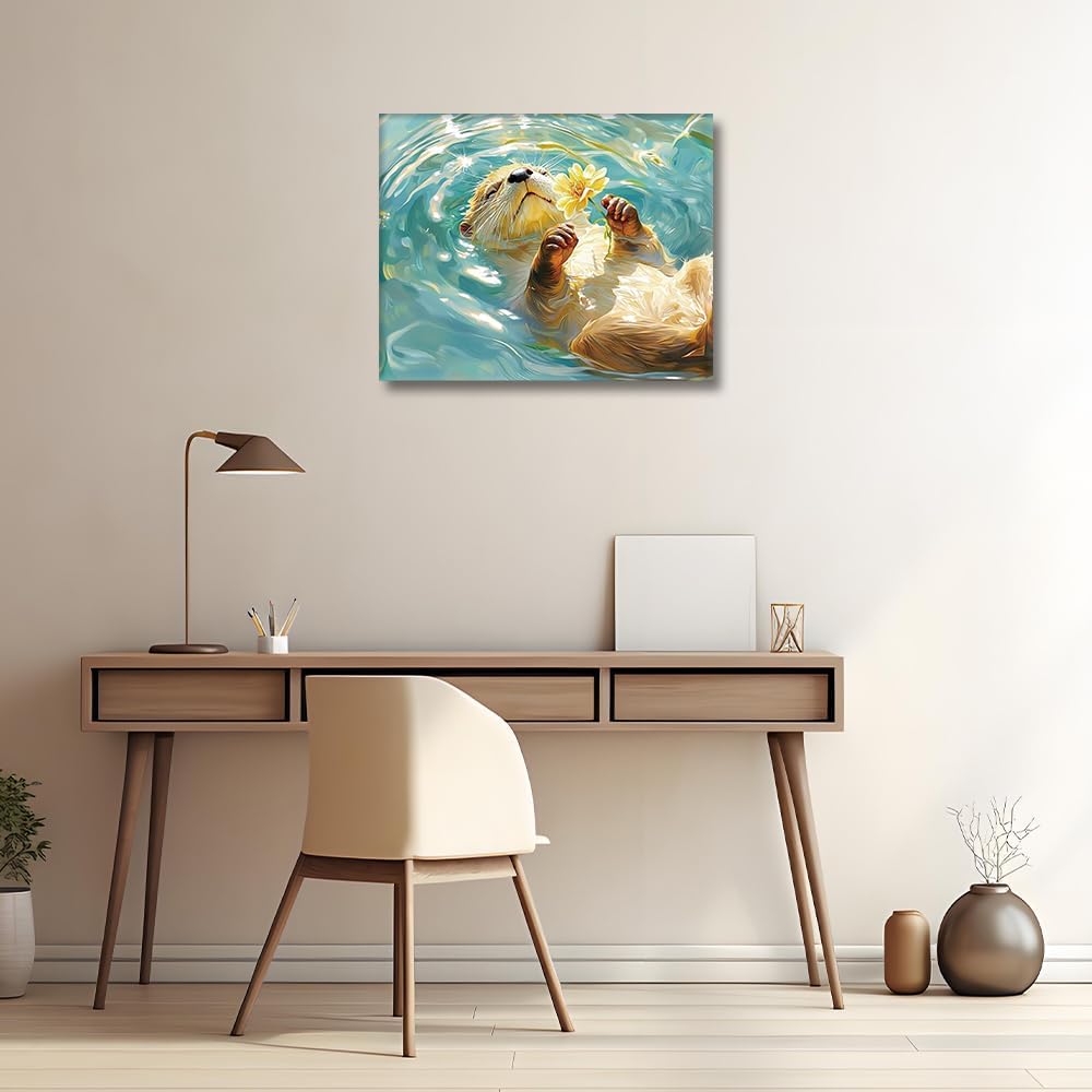 HULDFRDA Paint by Numbers Cute Sea Otter with Flower Adult Paint by Number Kits DIY Adults' Paint-by-Number Kits Color by Numbers Adult Paint by Numbers Painting Kits Without Frame. 16 x20 Inch