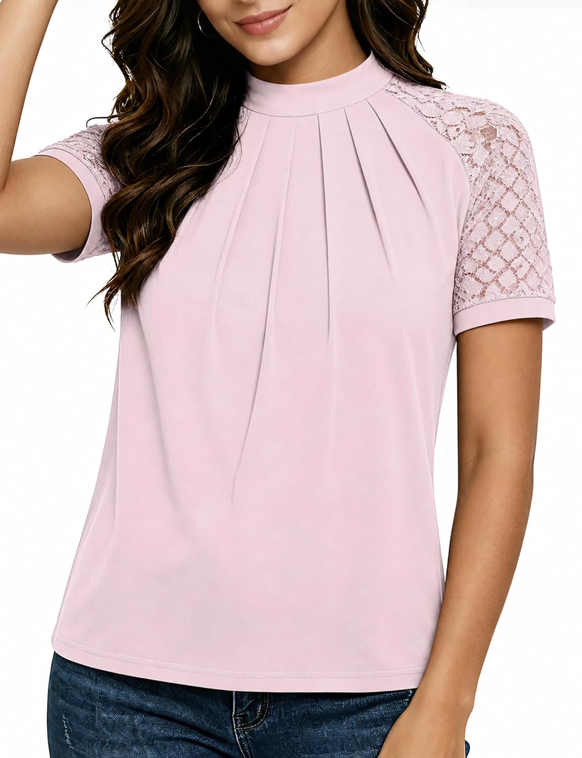 Women's Lace Short Sleeve Blouse. Pleated Crew Neck Dressy Casual Top