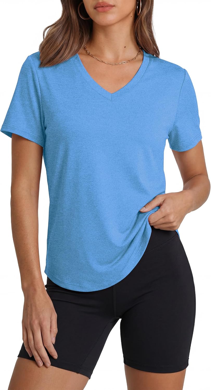 Womens Workout Tops Short Sleeve V-Neck T Shirts Black Grey