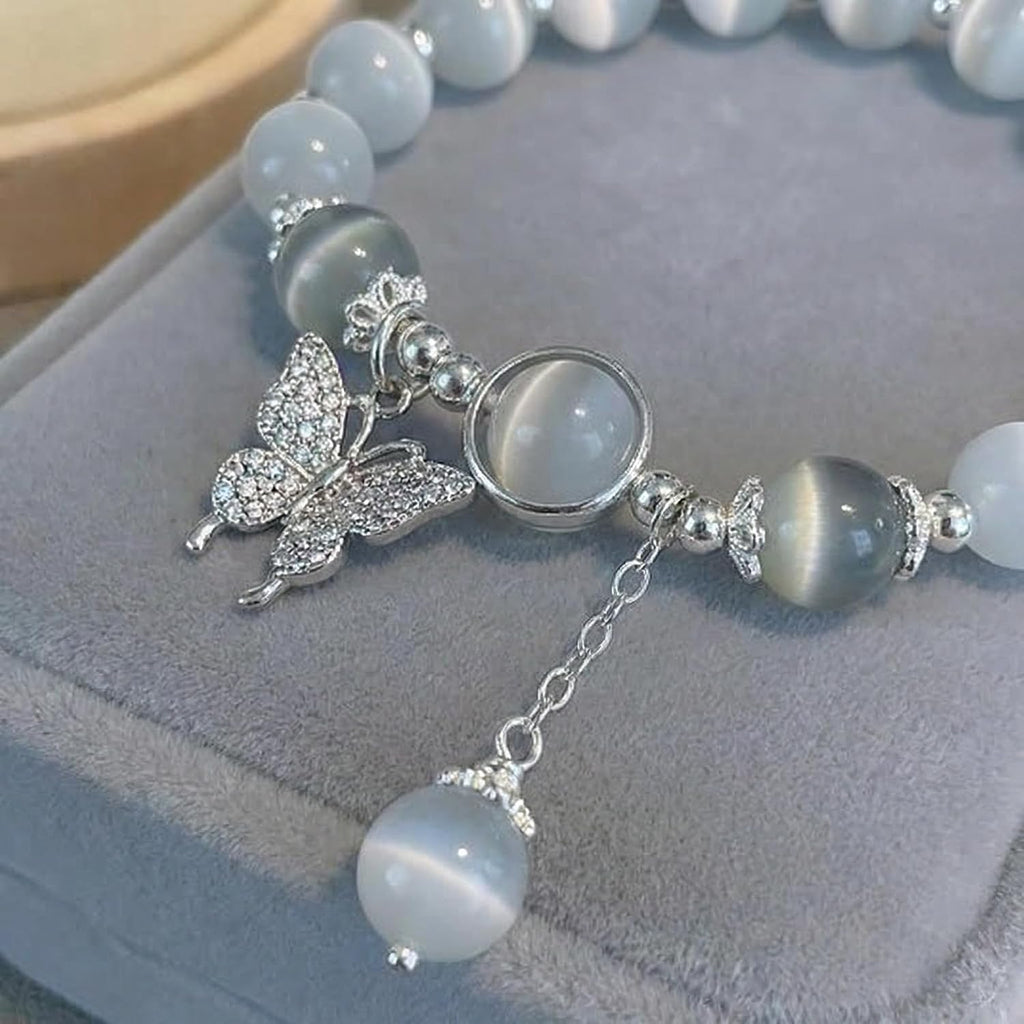 Cat Eye Stone Bracelet for Women. Gray Crystal Butterfly Design Bracelet. Crystal Stone Jewelry Gift for Women Men Family Friends