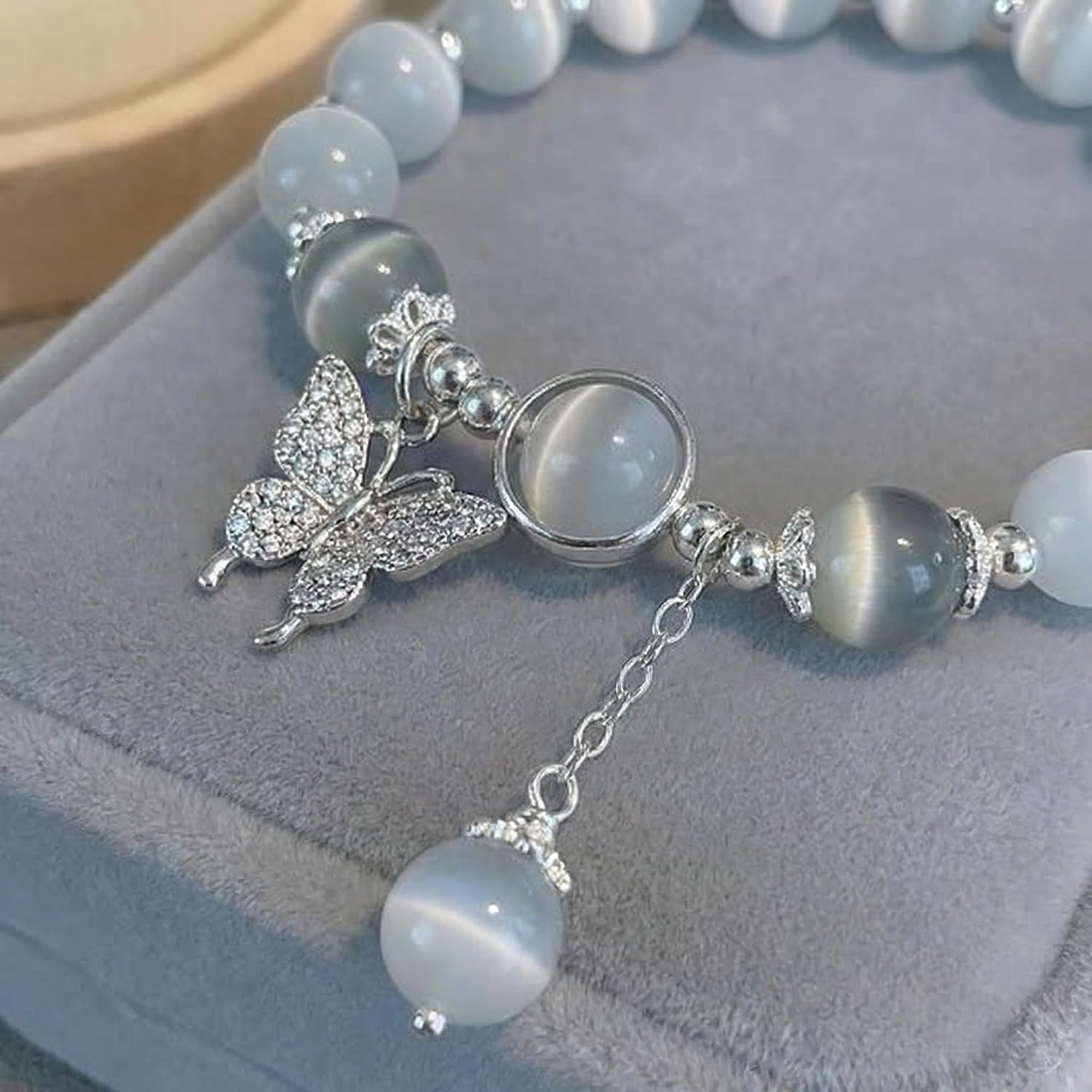 Cat Eye Stone Bracelet for Women. Gray Crystal Butterfly Design Bracelet. Crystal Stone Jewelry Gift for Women Men Family Friends