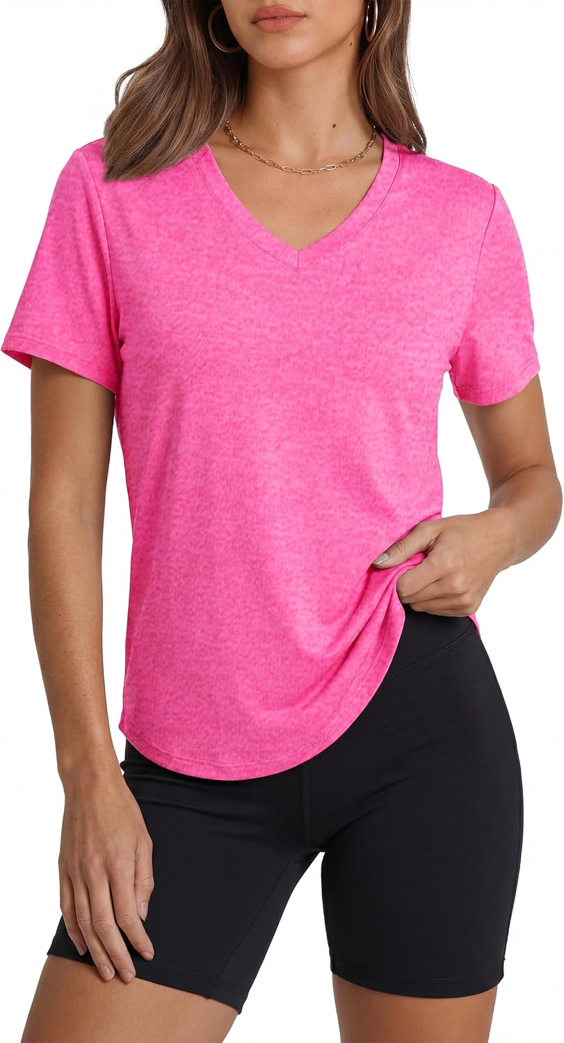 Womens Workout Tops Short Sleeve V-Neck T Shirts Black Grey