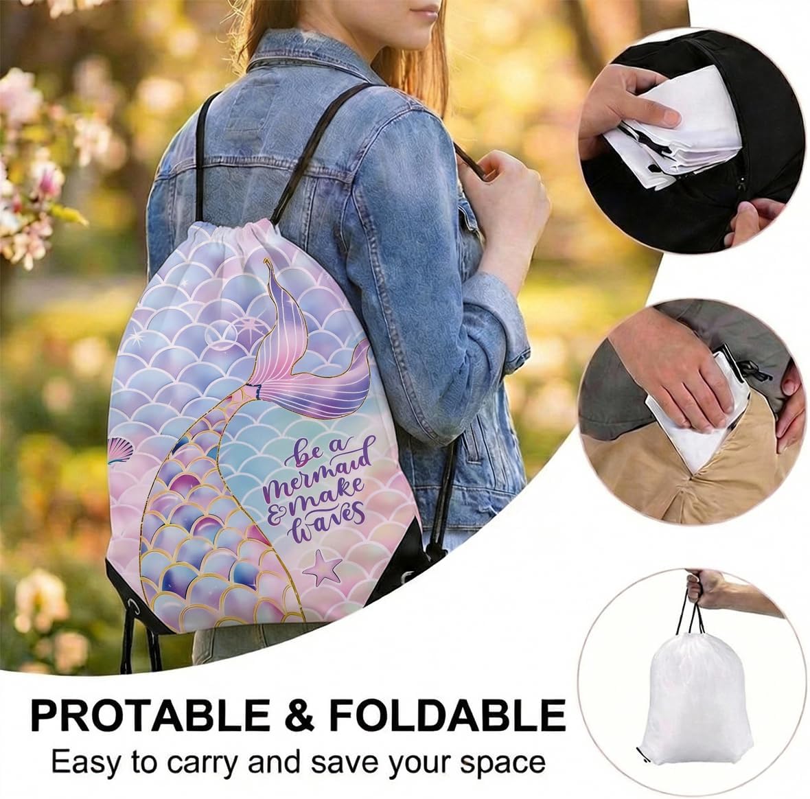 Amazon.com | Mermaid Drawstring Backpack. Ocean Scale Purple & Pink Beach Bag for Women. Be a Mermaid & Make Waves Portable Cinch Sacks. Waterproof Travel Gym Sports Storage Pack. Sea Birthday Gift | Drawstring Bags