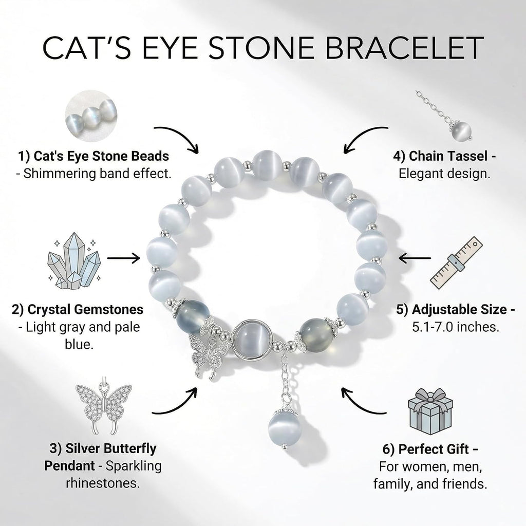 Cat Eye Stone Bracelet for Women. Gray Crystal Butterfly Design Bracelet. Crystal Stone Jewelry Gift for Women Men Family Friends