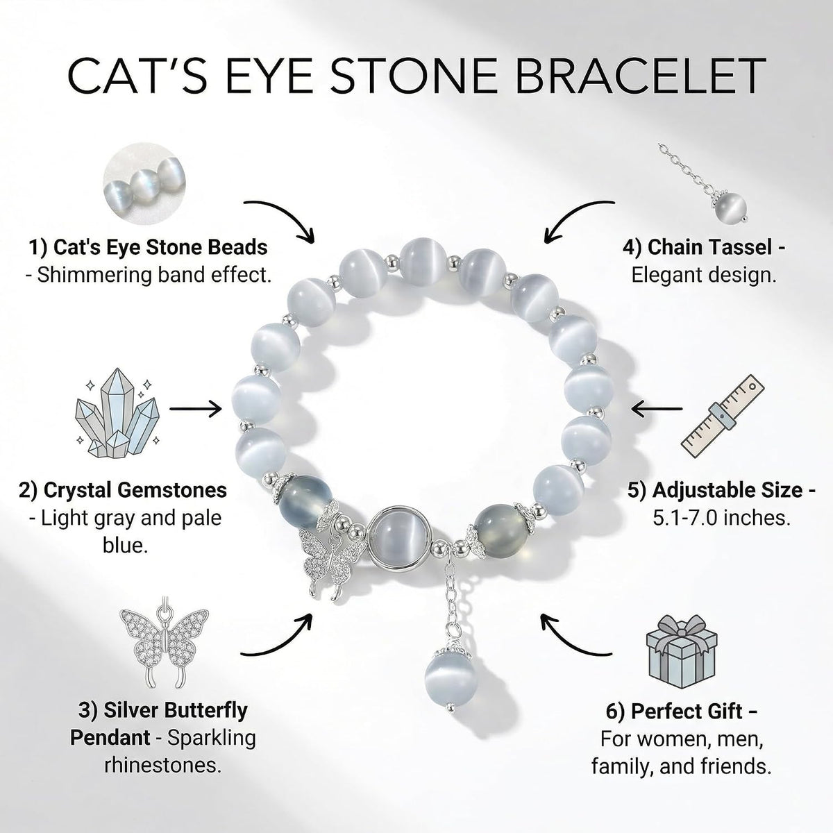 Cat Eye Stone Bracelet for Women. Gray Crystal Butterfly Design Bracelet. Crystal Stone Jewelry Gift for Women Men Family Friends
