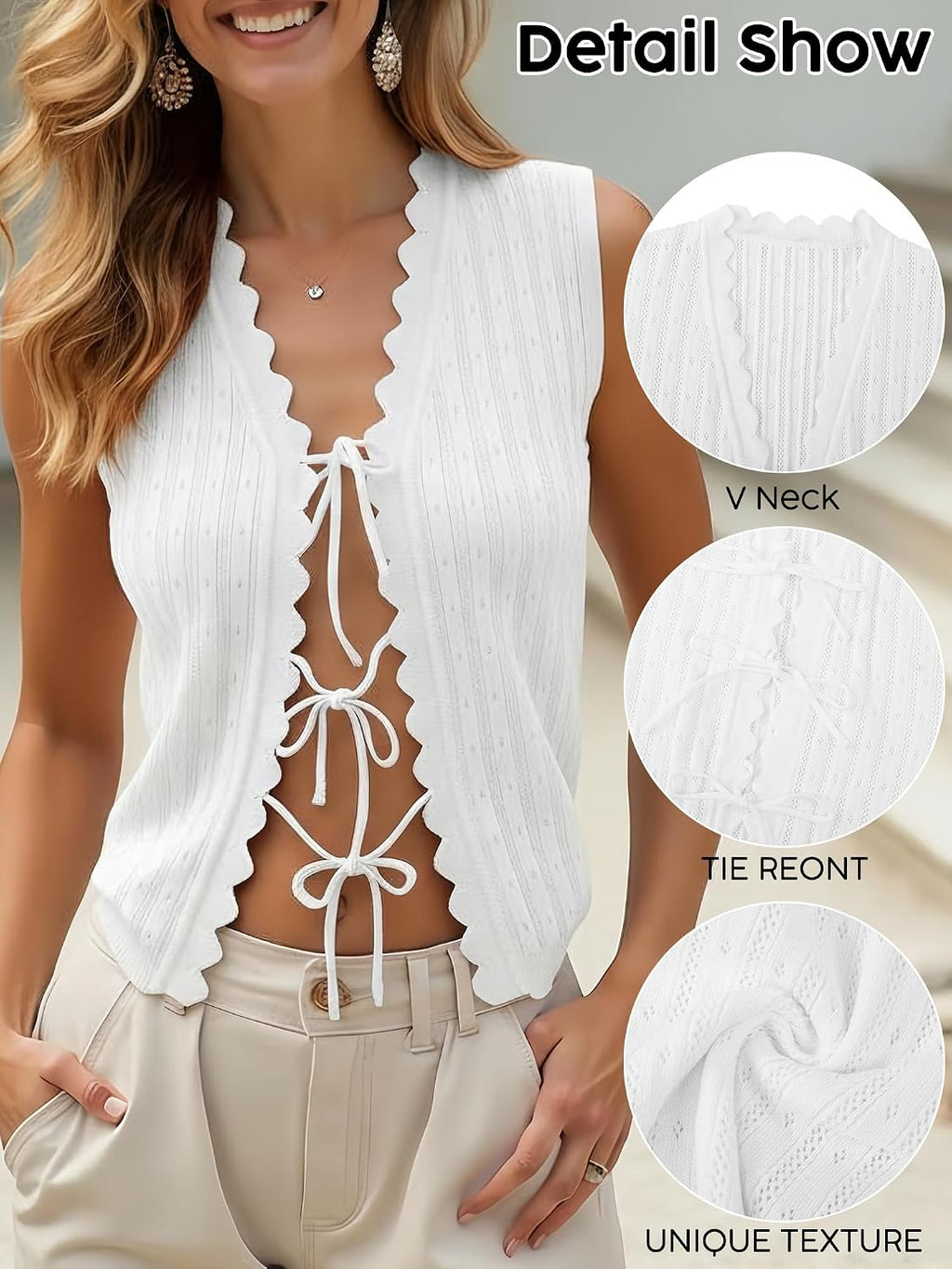 JATEBI White Summer Crochet Top Tie Vest Ruffled Edge Hollow Knit Halter | V Neck Sleeveless Summer Beach Vacation Outfit(White.Medium) at Amazon Women's Clothing store
