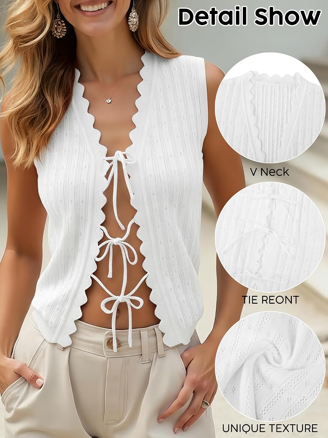 JATEBI White Summer Crochet Top Tie Vest Ruffled Edge Hollow Knit Halter | V Neck Sleeveless Summer Beach Vacation Outfit(White.Medium) at Amazon Women's Clothing store