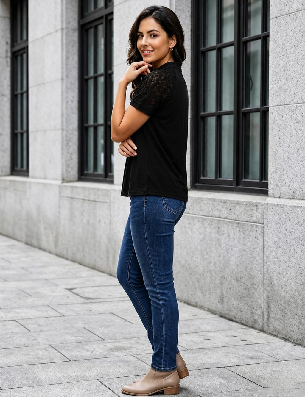 AURUZA Women's Lace Short Sleeve Blouse. Pleated Crew Neck Dressy Casual Top. Soft Stretch Business Office Work Shirt for Spring Summer. Floral Lace Sleeve Tee. Regular Fit Black at Amazon Women's Clothing store