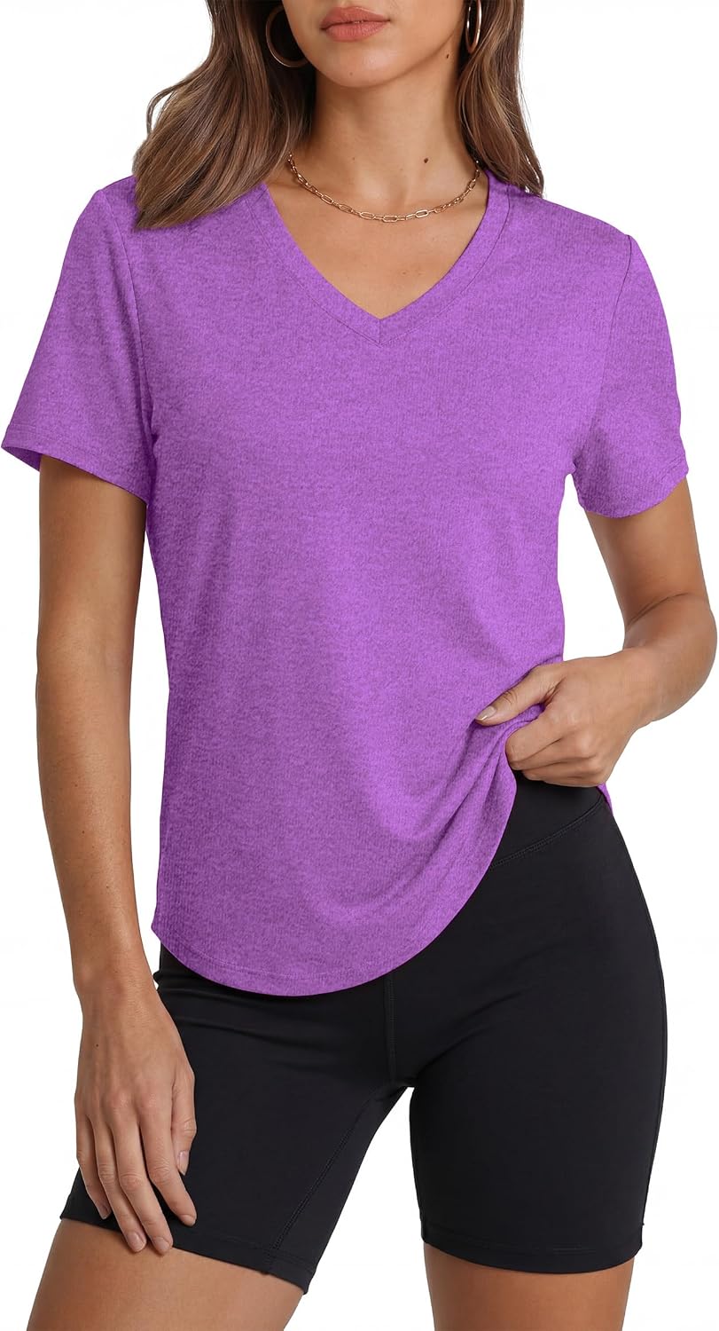 Womens Workout Tops Short Sleeve V-Neck T Shirts Black Grey