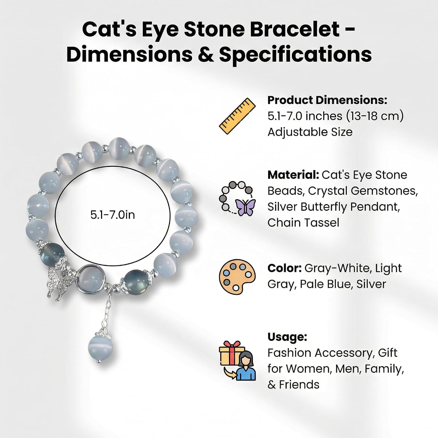 Cat Eye Stone Bracelet for Women. Gray Crystal Butterfly Design Bracelet. Crystal Stone Jewelry Gift for Women Men Family Friends