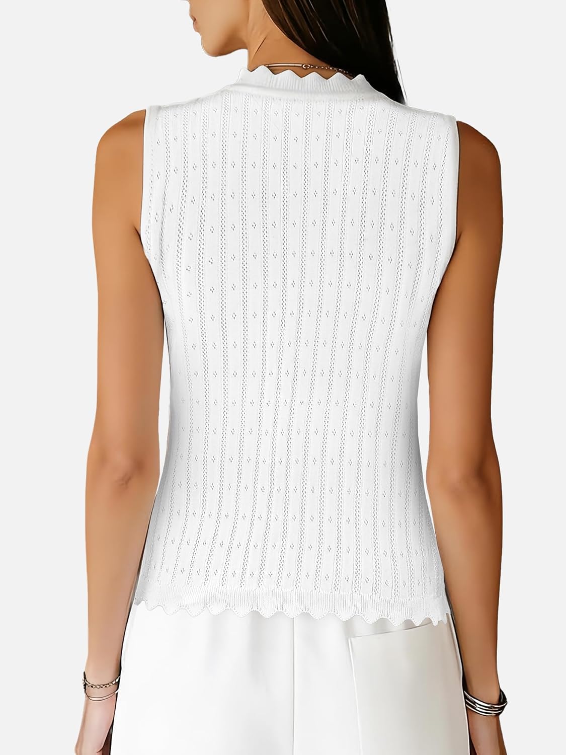 JATEBI White Summer Crochet Top Tie Vest Ruffled Edge Hollow Knit Halter | V Neck Sleeveless Summer Beach Vacation Outfit(White.Medium) at Amazon Women's Clothing store