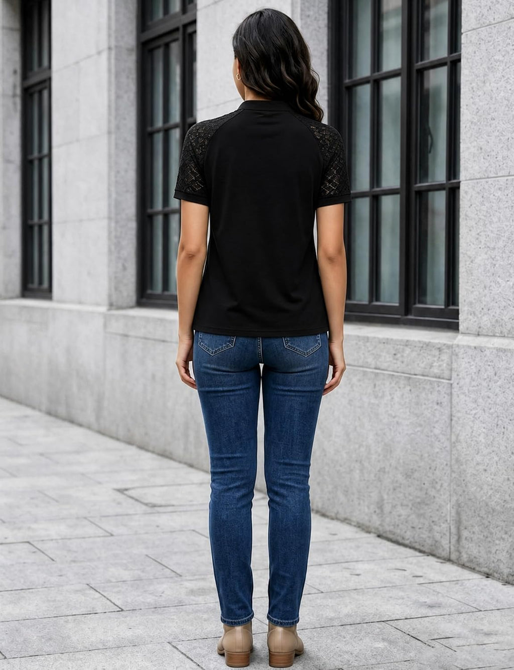 AURUZA Women's Lace Short Sleeve Blouse. Pleated Crew Neck Dressy Casual Top. Soft Stretch Business Office Work Shirt for Spring Summer. Floral Lace Sleeve Tee. Regular Fit Black at Amazon Women's Clothing store