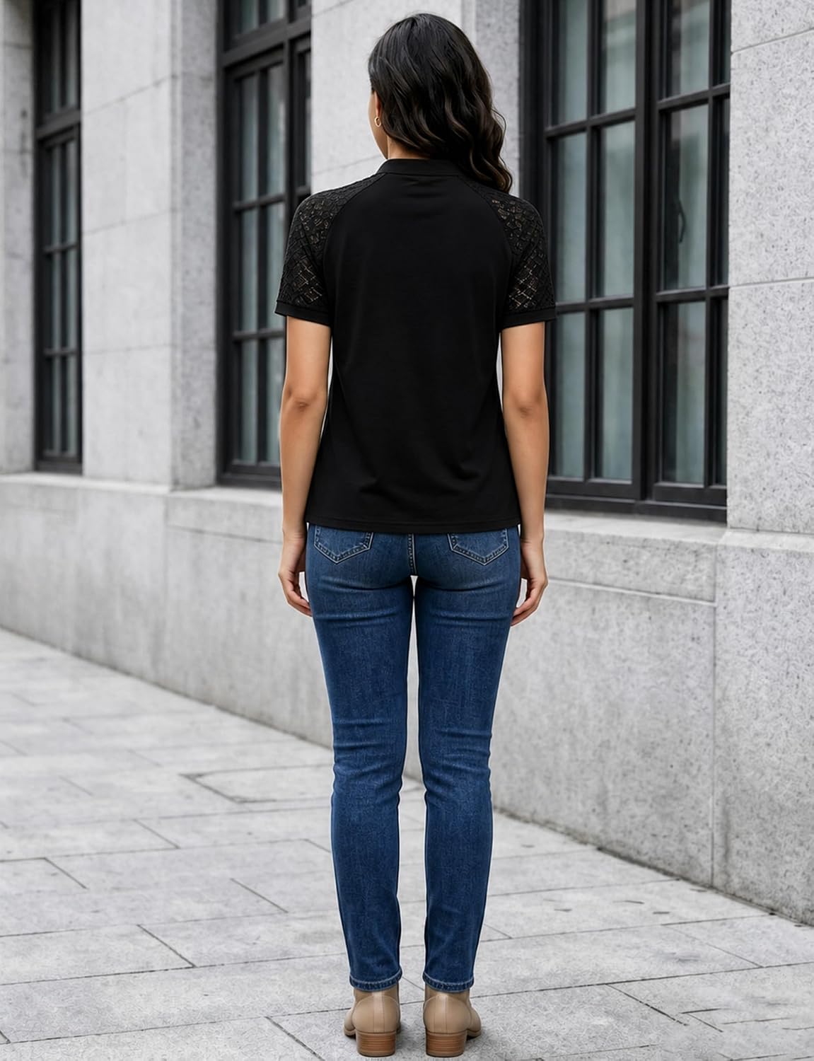 AURUZA Women's Lace Short Sleeve Blouse. Pleated Crew Neck Dressy Casual Top. Soft Stretch Business Office Work Shirt for Spring Summer. Floral Lace Sleeve Tee. Regular Fit Black at Amazon Women's Clothing store