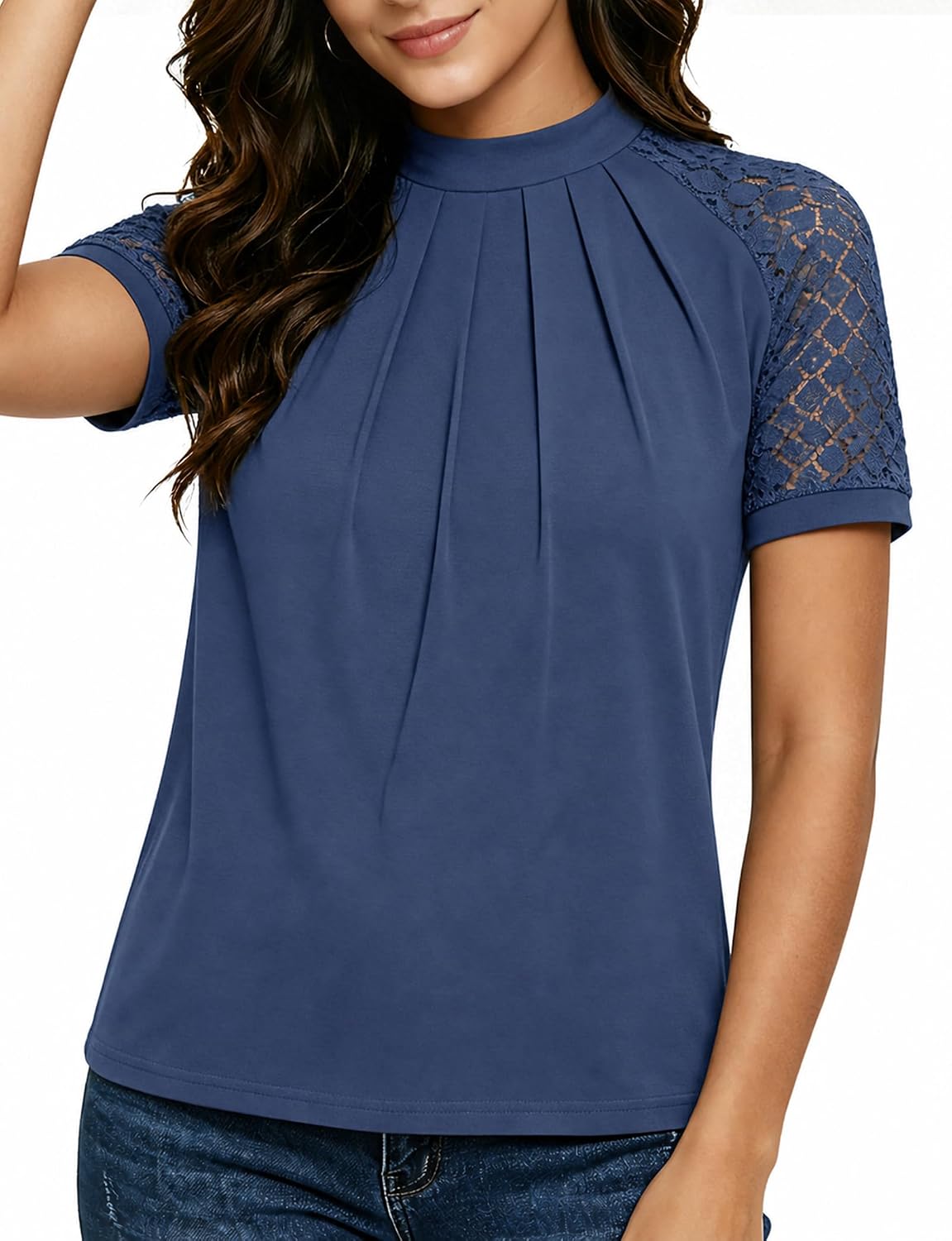 Women's Lace Short Sleeve Blouse. Pleated Crew Neck Dressy Casual Top