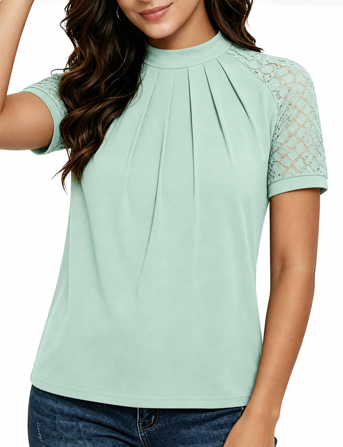 Women's Lace Short Sleeve Blouse. Pleated Crew Neck Dressy Casual Top