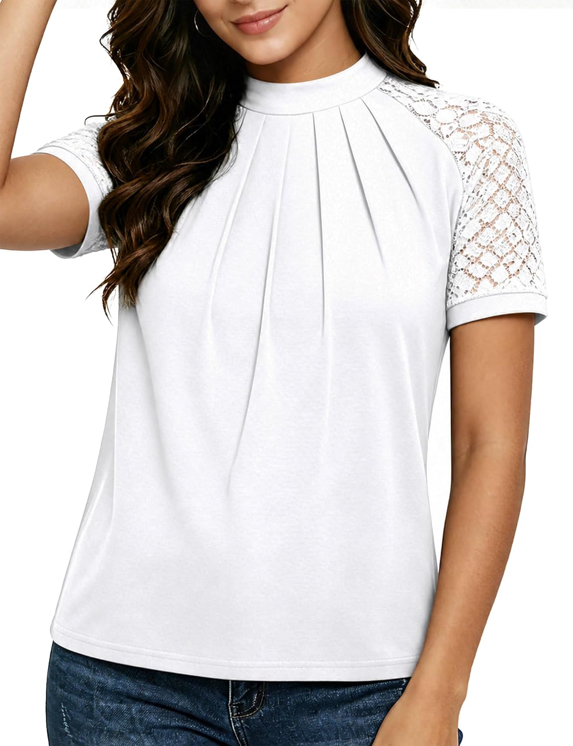 Women's Lace Short Sleeve Blouse. Pleated Crew Neck Dressy Casual Top