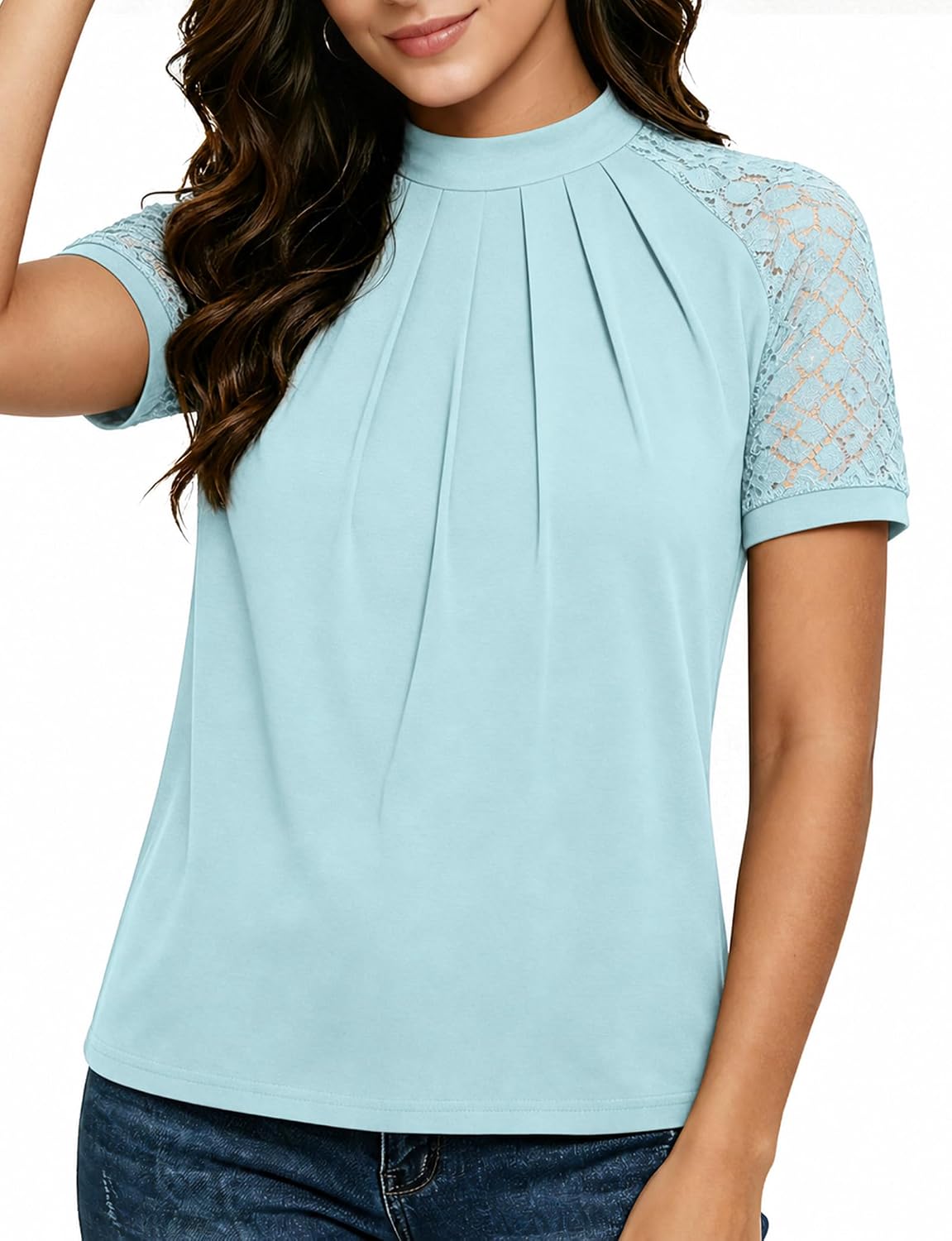 Women's Lace Short Sleeve Blouse. Pleated Crew Neck Dressy Casual Top