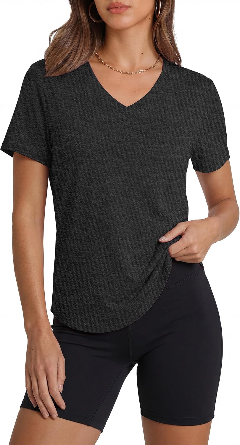 Alaroo Womens Workout Tops Short Sleeve V-Neck T Shirts Black Grey L | Sun Protection Pilates Outfits Athletic Tops for Running Gym Tee