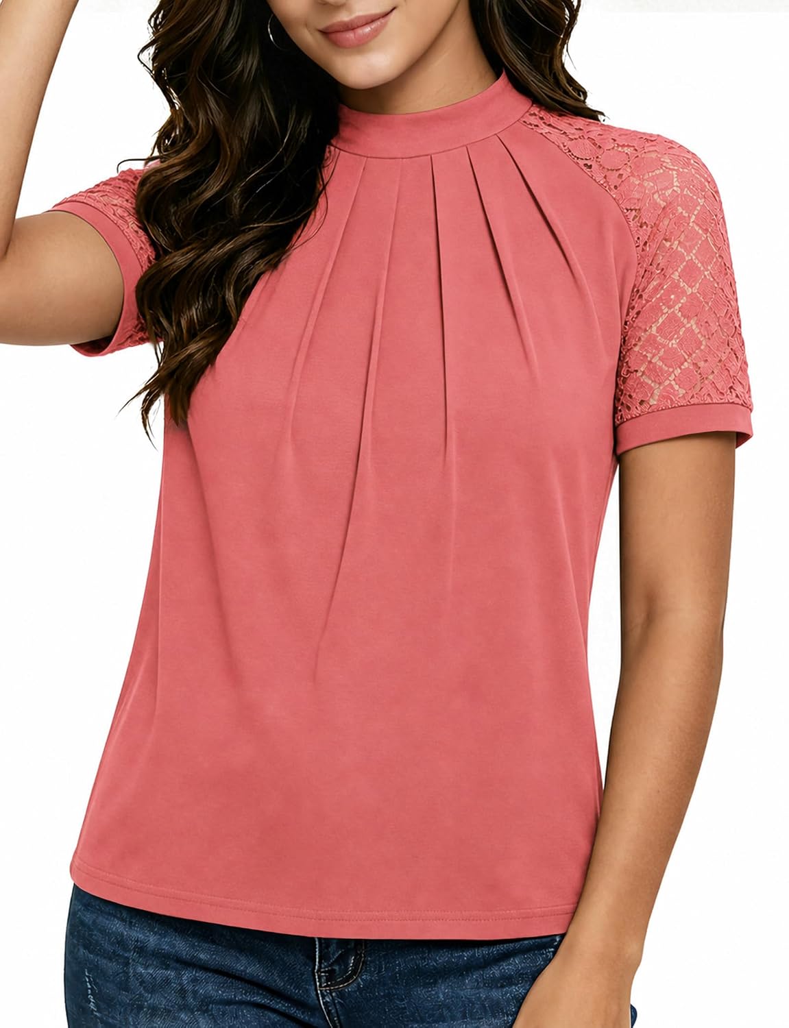 Women's Lace Short Sleeve Blouse. Pleated Crew Neck Dressy Casual Top