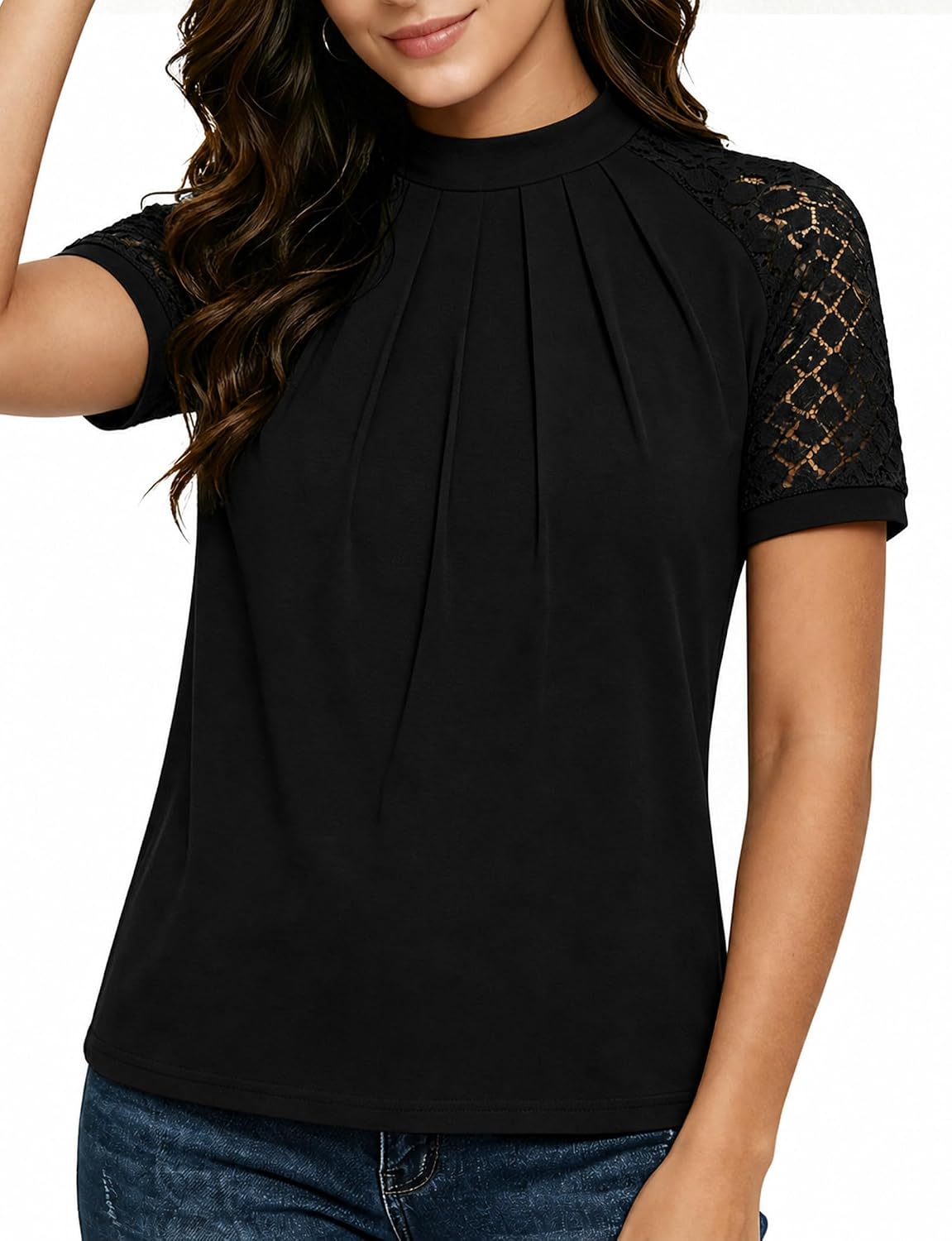 AURUZA Women's Lace Short Sleeve Blouse. Pleated Crew Neck Dressy Casual Top. Soft Stretch Business Office Work Shirt for Spring Summer. Floral Lace Sleeve Tee. Regular Fit Black at Amazon Women's Clothing store