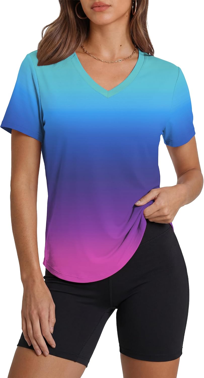 Womens Workout Tops Short Sleeve V-Neck T Shirts Black Grey