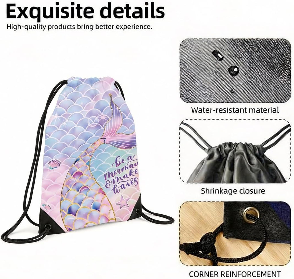 Amazon.com | Mermaid Drawstring Backpack. Ocean Scale Purple & Pink Beach Bag for Women. Be a Mermaid & Make Waves Portable Cinch Sacks. Waterproof Travel Gym Sports Storage Pack. Sea Birthday Gift | Drawstring Bags