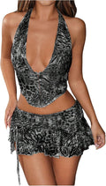 Women's Y2k 2 Piece Skirt Set Rave Outfits Leopard Halter Crop Top Ruffle Mini Skirt Rave Set Clubwear Black Grey X-Small