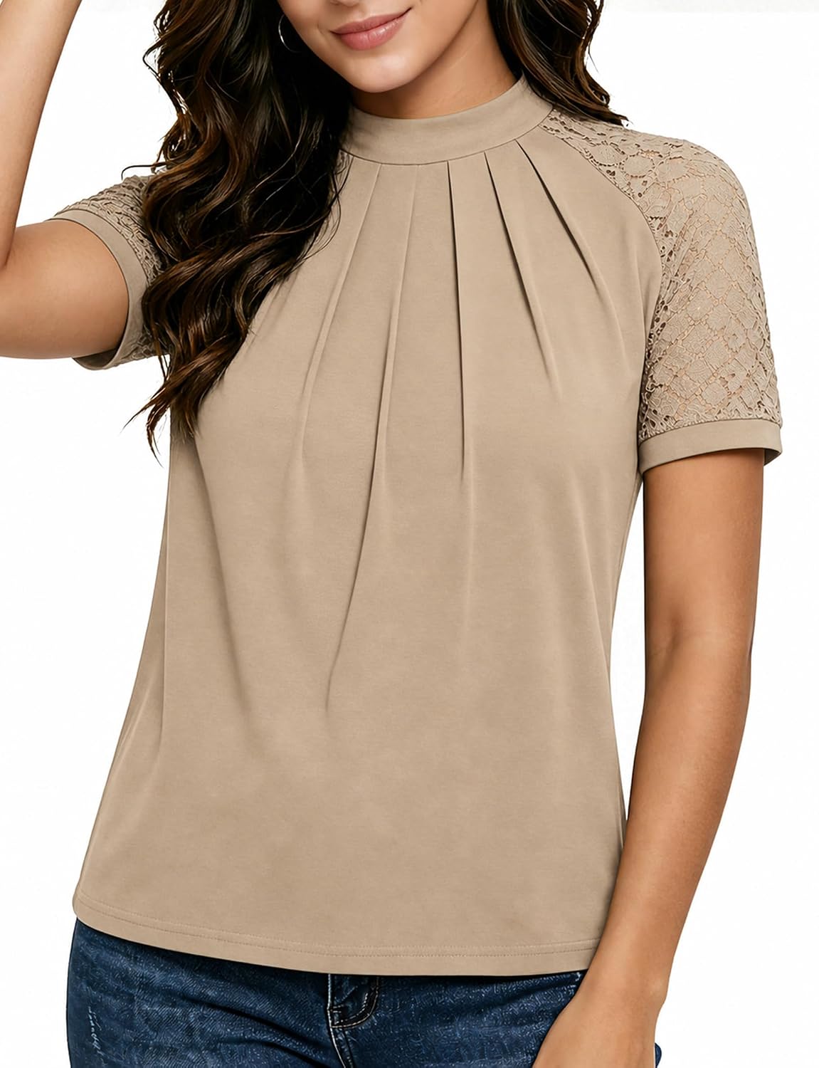 Women's Lace Short Sleeve Blouse. Pleated Crew Neck Dressy Casual Top