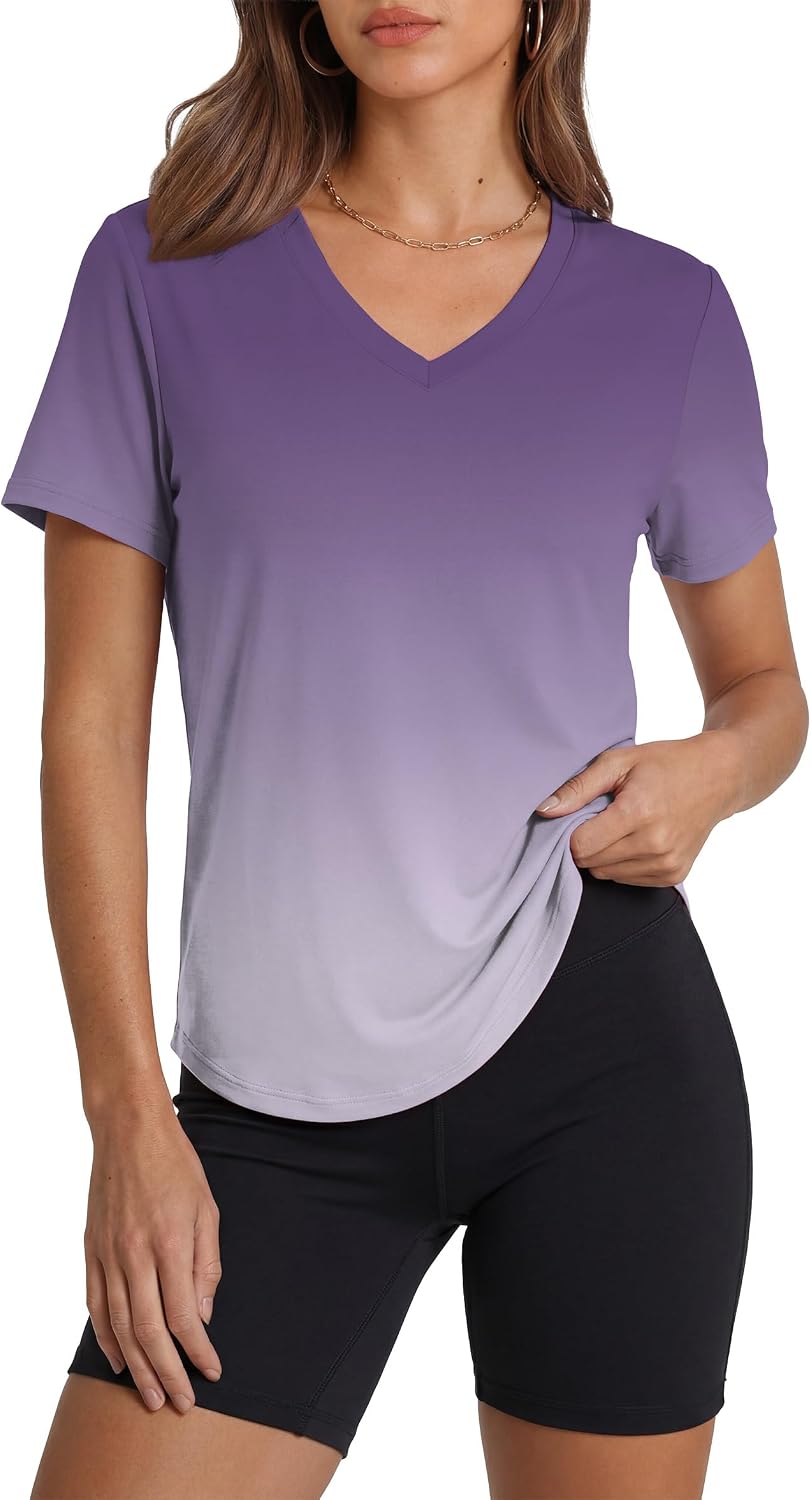 Womens Workout Tops Short Sleeve V-Neck T Shirts Black Grey