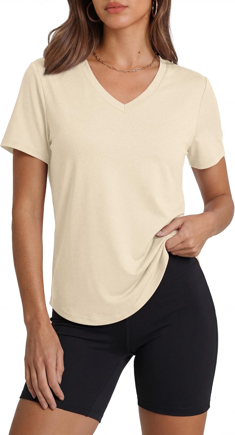 Womens Workout Tops Short Sleeve V-Neck T Shirts Black Grey