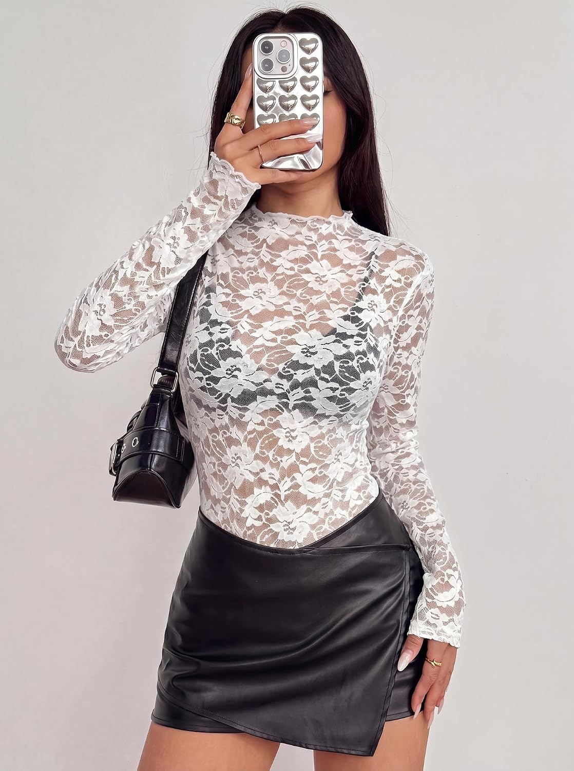 BTFBM Lace Long Sleeve Tops for Women Sexy Mesh Sheer Shirt.XL.White | See Through Top Crew Neck Knit Slim Fitted Tight Shirts.Cocktail Party Club Outfits.2026 Fall Winter at Amazon Women's Clothing store