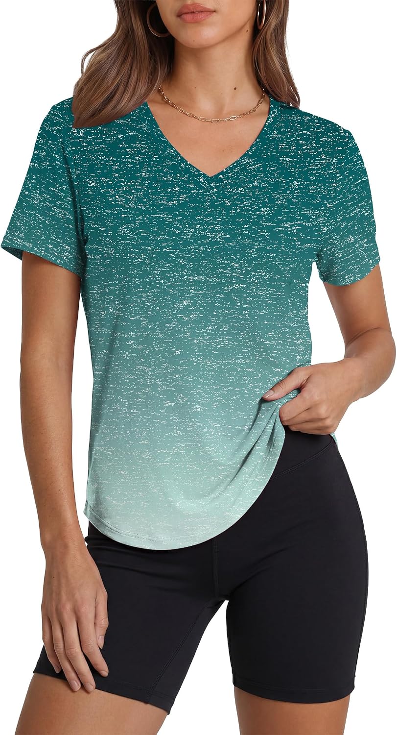 Womens Workout Tops Short Sleeve V-Neck T Shirts Black Grey