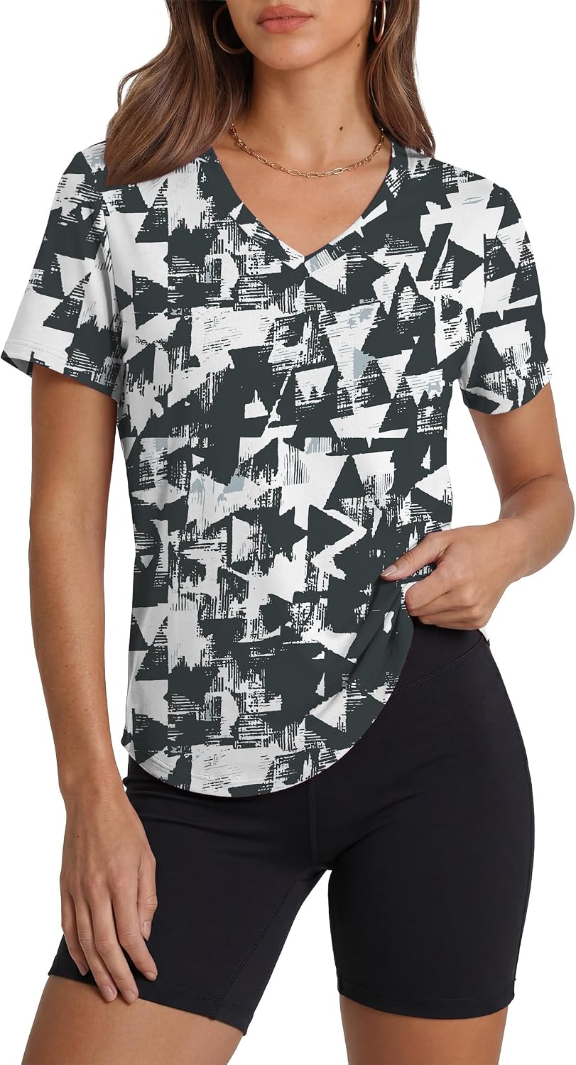 Womens Workout Tops Short Sleeve V-Neck T Shirts Black Grey