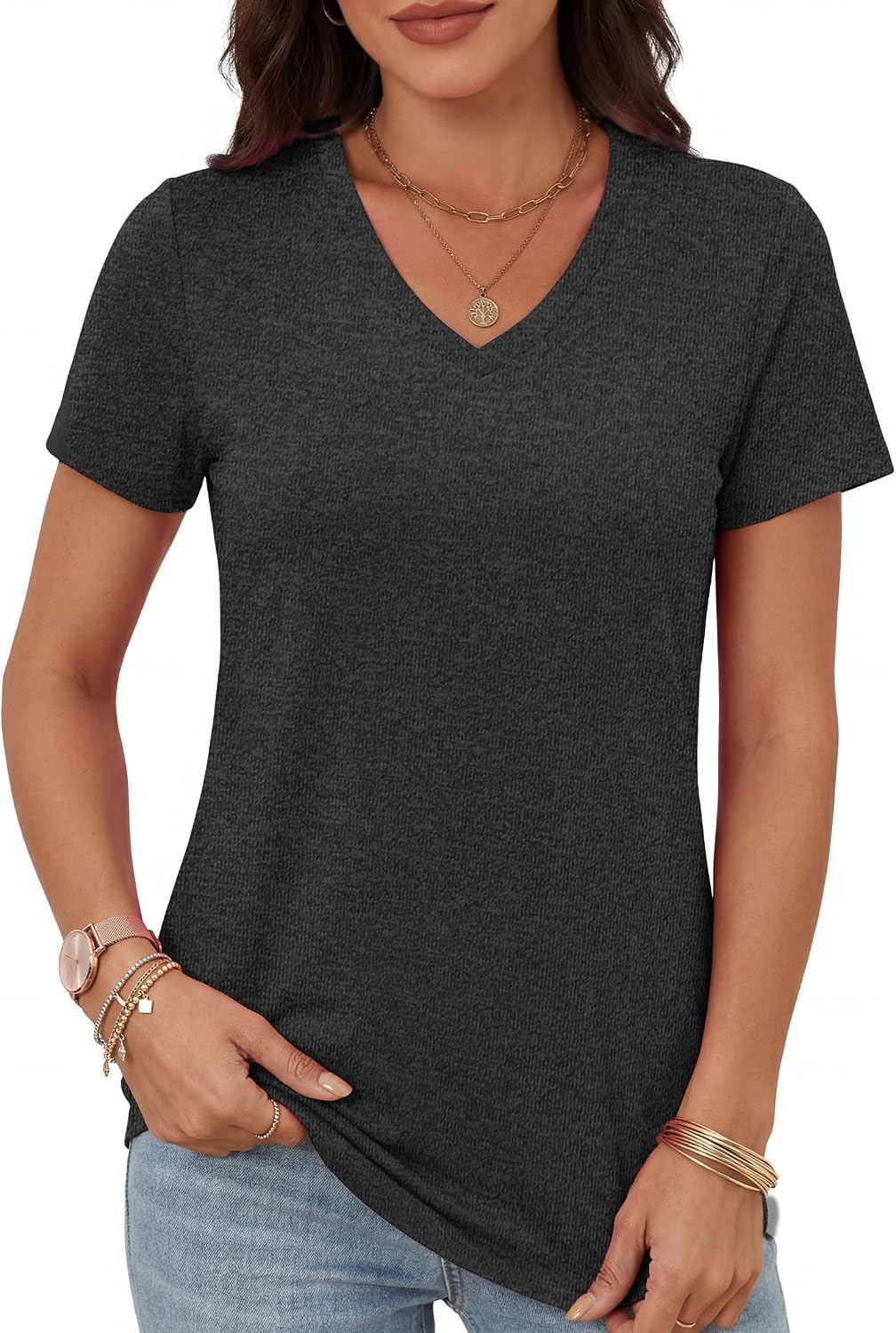 Alaroo Womens Workout Tops Short Sleeve V-Neck T Shirts Black Grey L | Sun Protection Pilates Outfits Athletic Tops for Running Gym Tee