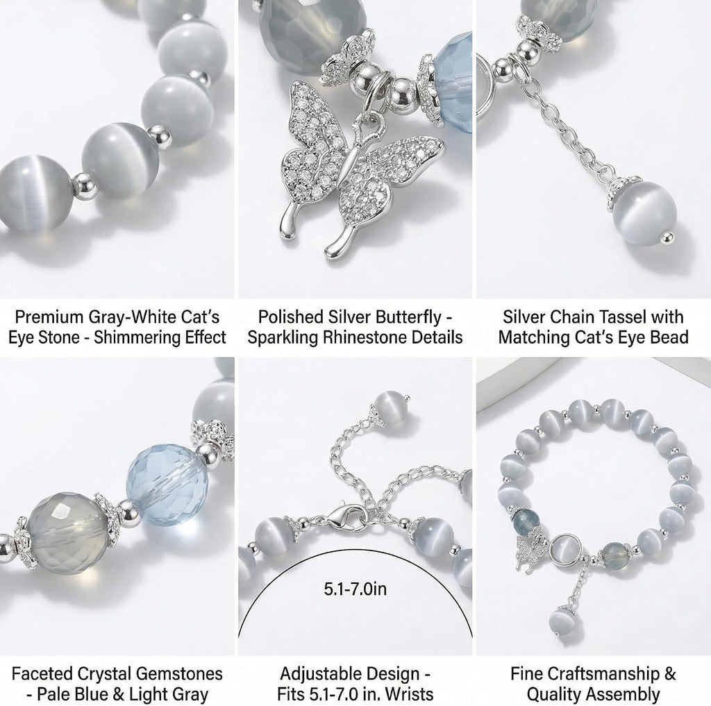 Cat Eye Stone Bracelet for Women. Gray Crystal Butterfly Design Bracelet. Crystal Stone Jewelry Gift for Women Men Family Friends