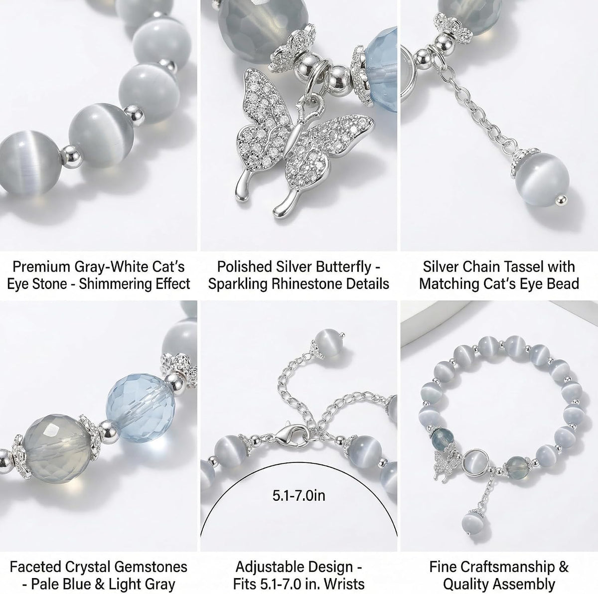 Cat Eye Stone Bracelet for Women. Gray Crystal Butterfly Design Bracelet. Crystal Stone Jewelry Gift for Women Men Family Friends