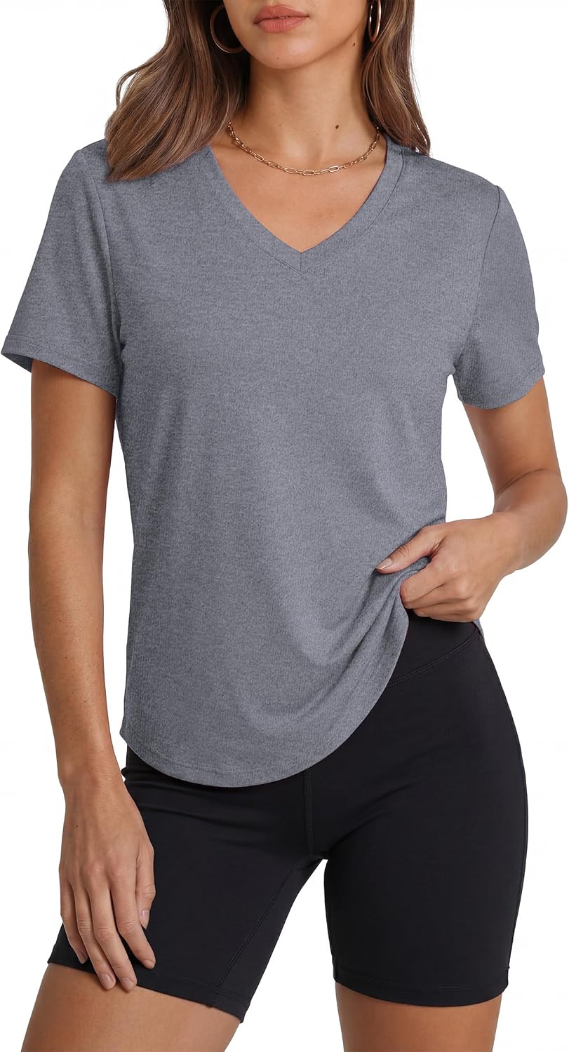 Womens Workout Tops Short Sleeve V-Neck T Shirts Black Grey