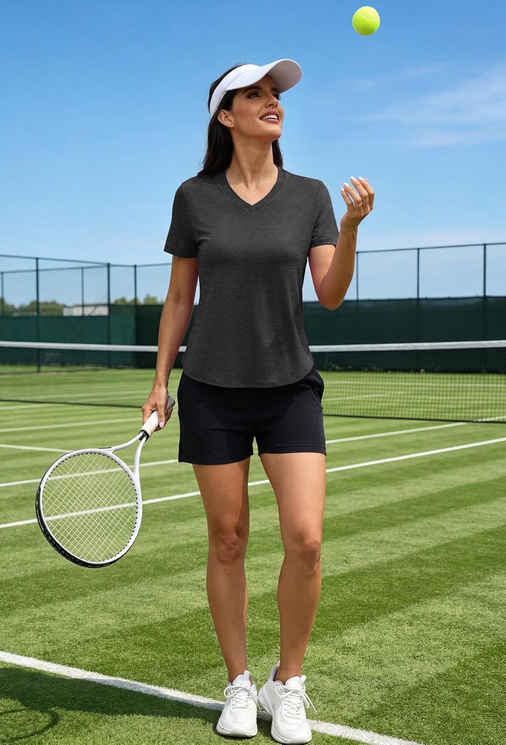 Alaroo Womens Workout Tops Short Sleeve V-Neck T Shirts Black Grey L | Sun Protection Pilates Outfits Athletic Tops for Running Gym Tee