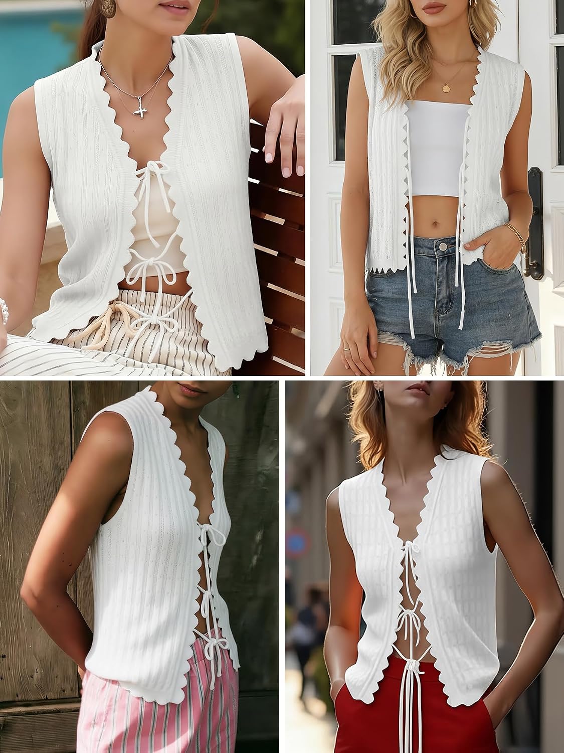 JATEBI White Summer Crochet Top Tie Vest Ruffled Edge Hollow Knit Halter | V Neck Sleeveless Summer Beach Vacation Outfit(White.Medium) at Amazon Women's Clothing store