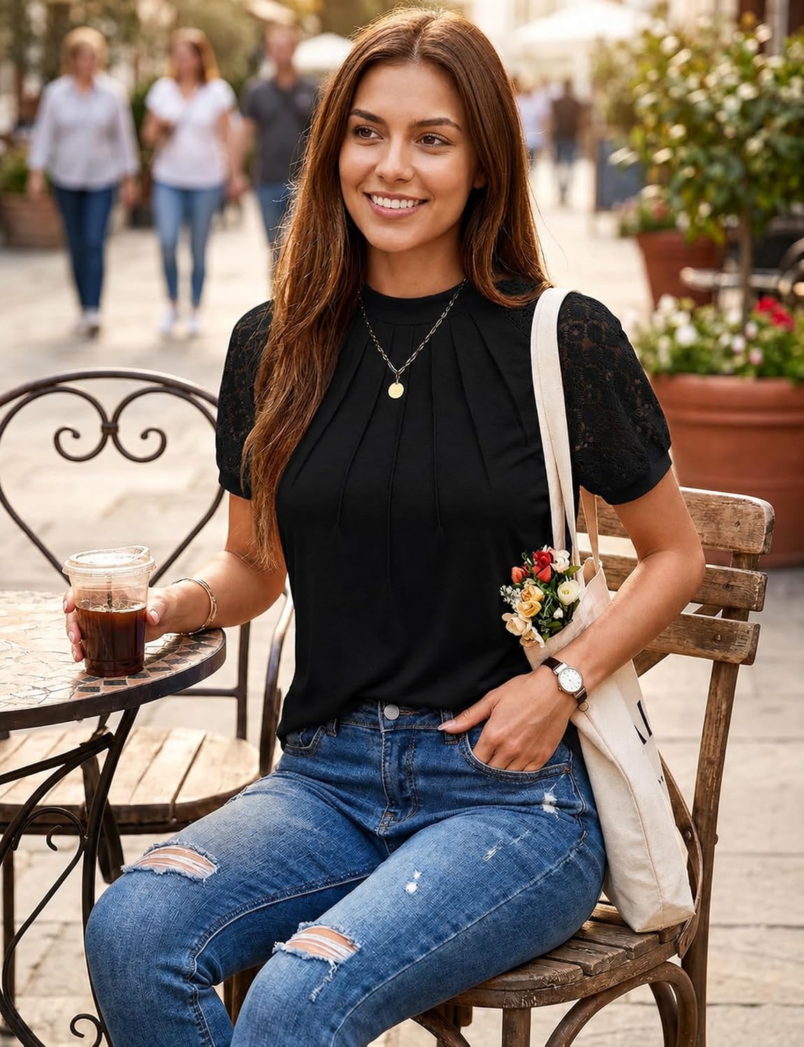 AURUZA Women's Lace Short Sleeve Blouse. Pleated Crew Neck Dressy Casual Top. Soft Stretch Business Office Work Shirt for Spring Summer. Floral Lace Sleeve Tee. Regular Fit Black at Amazon Women's Clothing store