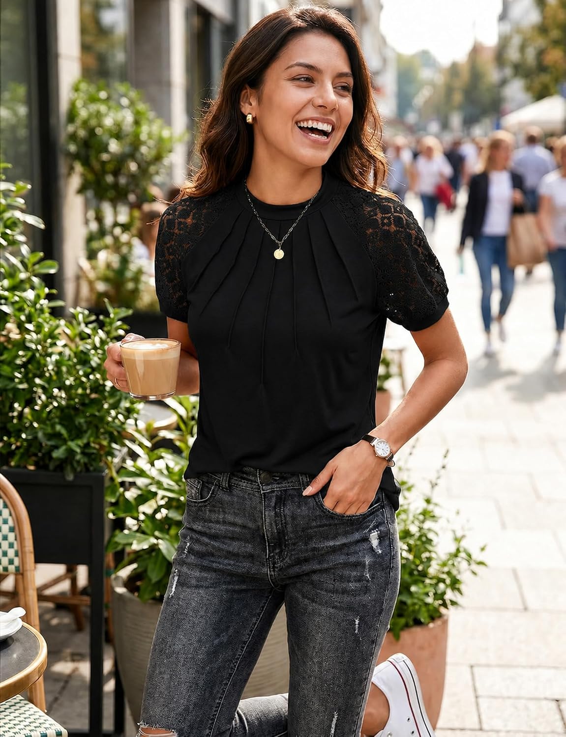 AURUZA Women's Lace Short Sleeve Blouse. Pleated Crew Neck Dressy Casual Top. Soft Stretch Business Office Work Shirt for Spring Summer. Floral Lace Sleeve Tee. Regular Fit Black at Amazon Women's Clothing store