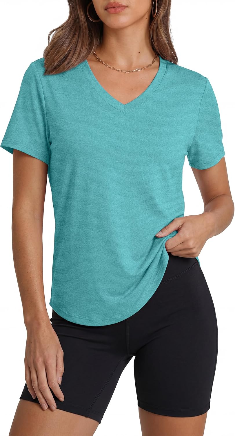 Womens Workout Tops Short Sleeve V-Neck T Shirts Black Grey