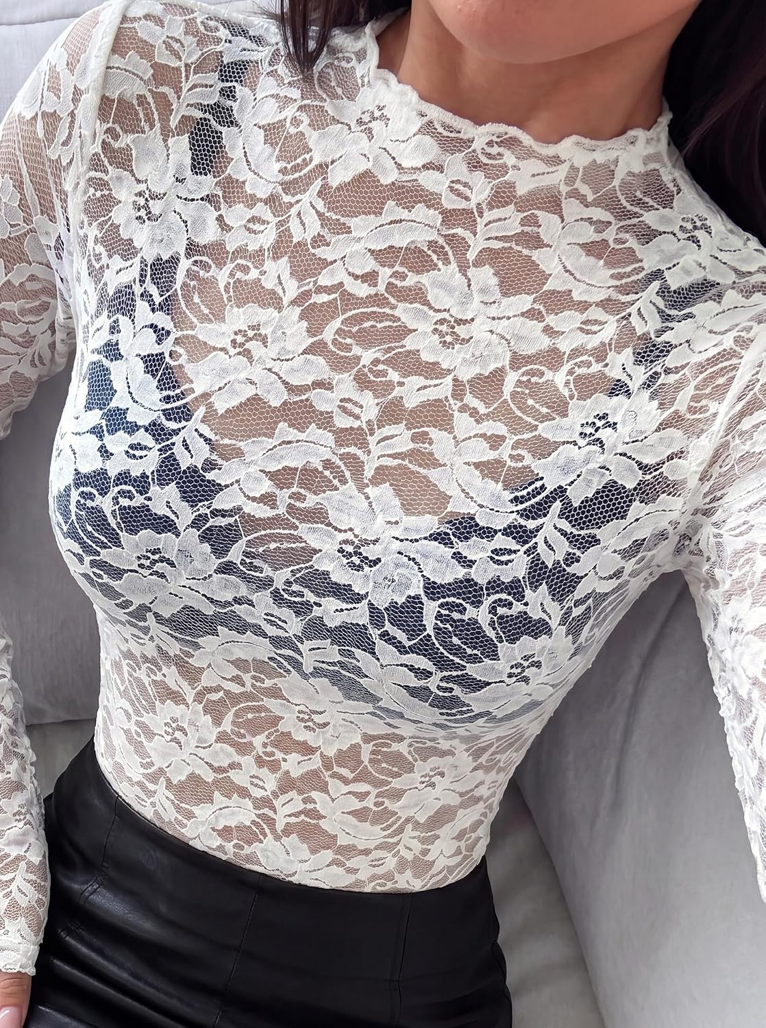 BTFBM Lace Long Sleeve Tops for Women Sexy Mesh Sheer Shirt.XL.White | See Through Top Crew Neck Knit Slim Fitted Tight Shirts.Cocktail Party Club Outfits.2026 Fall Winter at Amazon Women's Clothing store